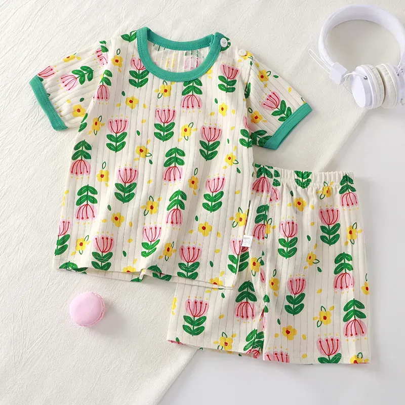 Wholesale Kids Toddler Boys Girls Summer Casual Cute Cartoon Floral Print Short Sleeve T-Shirt Shorts Set - Image 5
