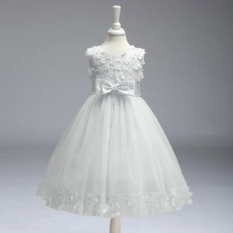 Wholesale Kids Girls Fashion Elegant Solid Color Lace Bowknot Mesh Sleeveless Princess Dress - Image 6