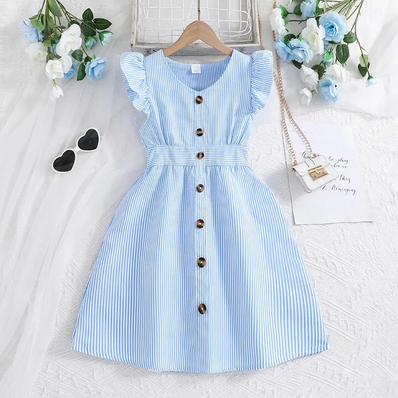 Wholesale Kids Girls Fashion Stripe V-Neck Flutter Sleeve Button Dress - Image 6