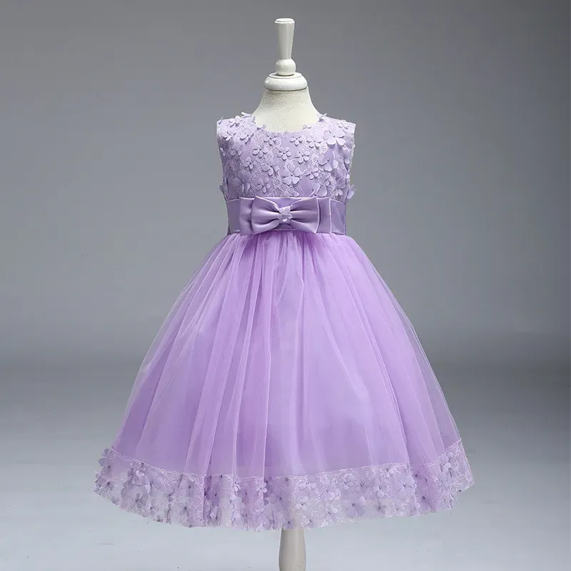 Wholesale Kids Girls Fashion Elegant Solid Color Lace Bowknot Mesh Sleeveless Princess Dress - Image 3