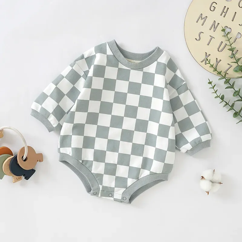 Wholesale Kids Baby Boys Girls Casual Cute Plaid Print Long Sleeve Romper - Image 3