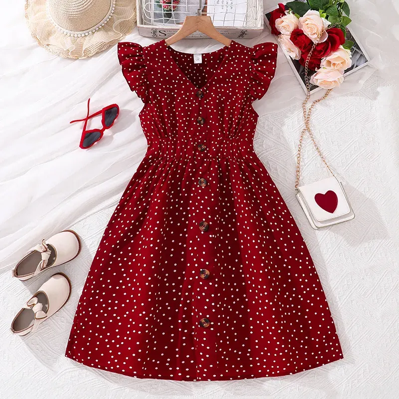 Wholesale Kids Girls Fashion Stripe V-Neck Flutter Sleeve Button Dress - Image 8