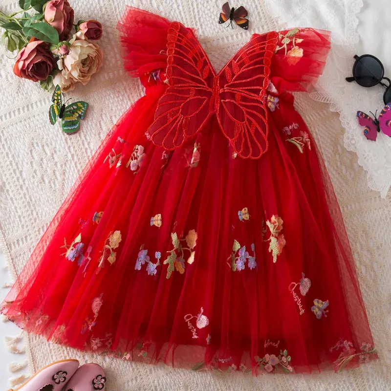 Wholesale Kids Girls Fashion Elegant Floral Embroidered Butterfly Mesh Flying Sleeve Dress - Image 10