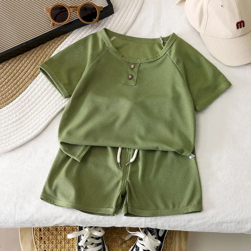 Wholesale Children'S Simple Solid Color Short-Sleeved Top And Shorts Two-Piece Set - Image 9
