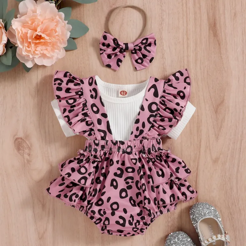 Wholesale Kids Baby Girls Casual Cute Short Sleeve Top Leopard Romper Sets - Image 5