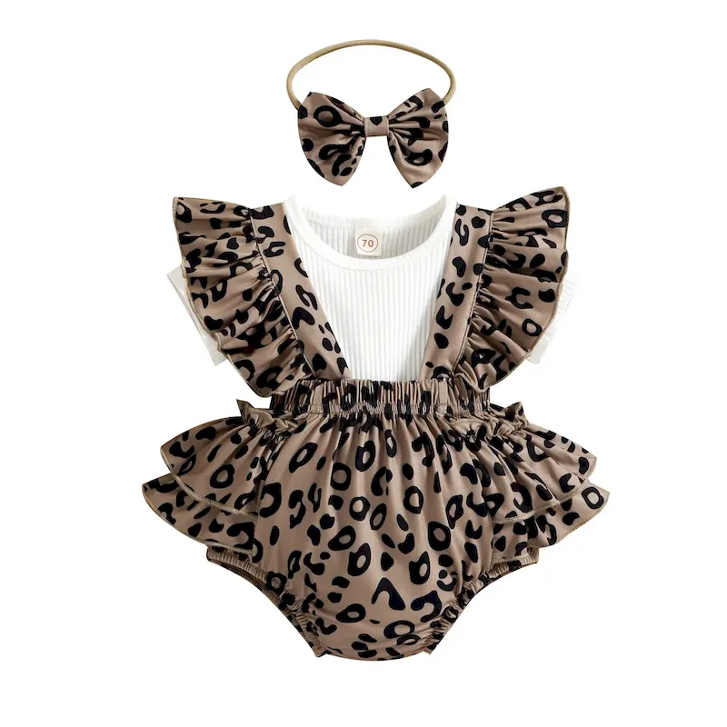 Wholesale Kids Baby Girls Casual Cute Short Sleeve Top Leopard Romper Sets - Image 4