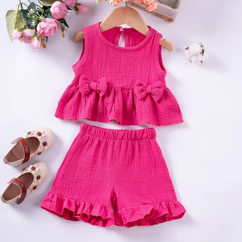 Wholesale Summer Girls Sweet Cute Bow Cotton Tank Top Shorts Ruffled Set - Image 4