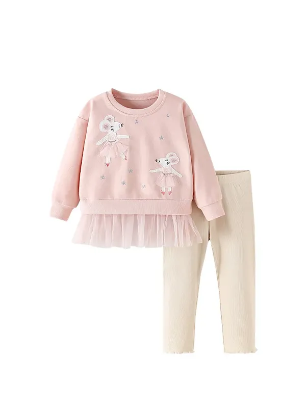 Wholesale Kids Girls' Fashion Casual Autumn Printed Long-Sleeve Lace Stitching Sweatshirt Tight Pants Two-Piece Set - Image 2