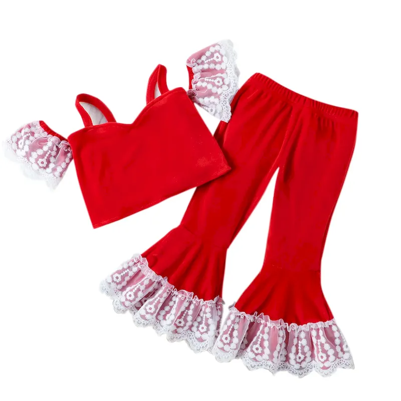 Wholesale Christmas Children Kids Toddler Girls Sweet Lace Ruffle Sleeves Tops And Flared Pants 2pcs Set - Image 7