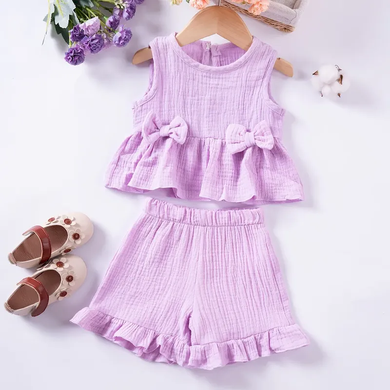 Wholesale Summer Girls Sweet Cute Bow Cotton Tank Top Shorts Ruffled Set - Image 6