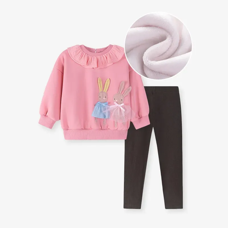 Wholesale Kids Girls Fashion Casual Autumn And Winter Velvet Lace Collar Long-Sleeve Top Tight Pants Two-Piece Set - Image 6