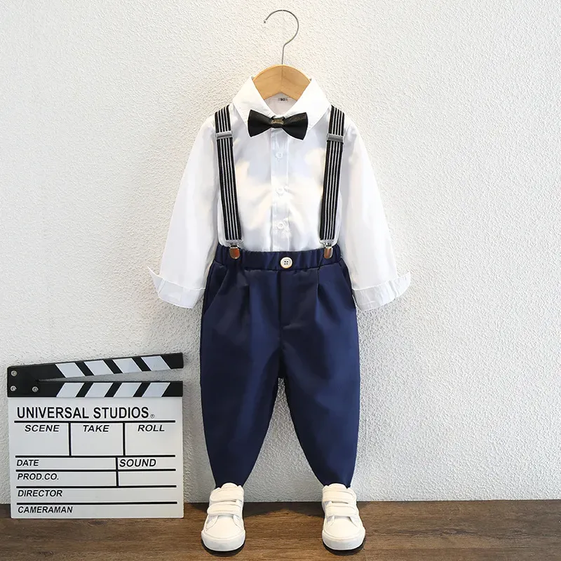 Wholesale Kids Toddler Big Boys Spring Autumn Fashion Casual British Style Bow Shirt Suspender Trousers Party Clothing Set - Image 9