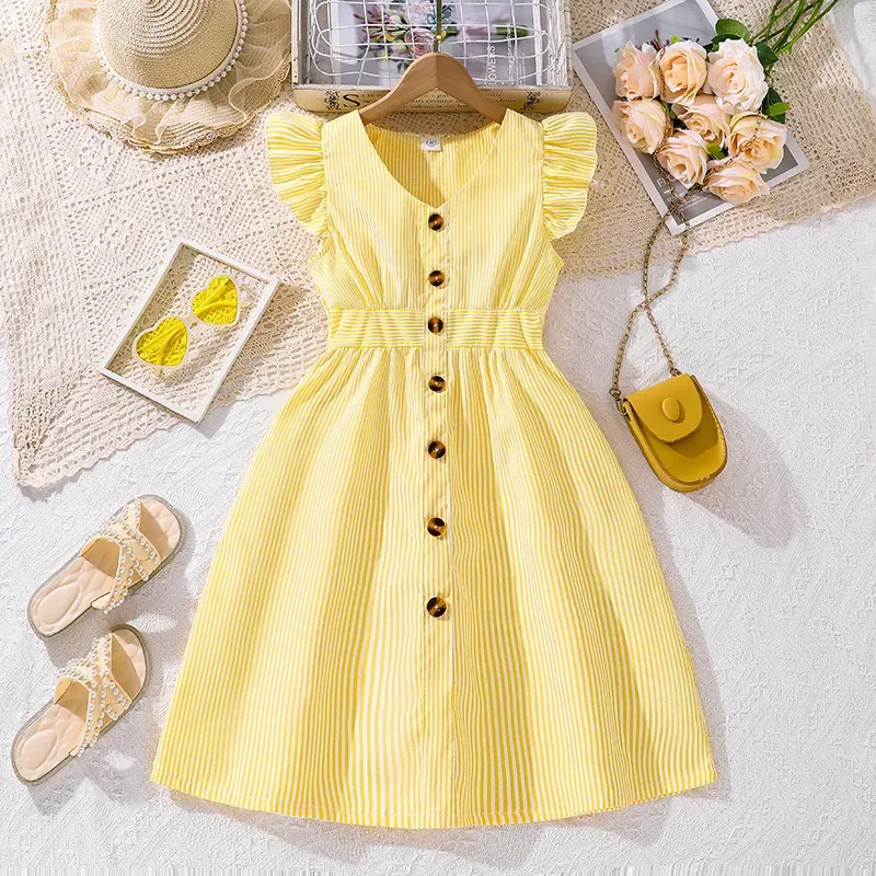 Wholesale Kids Girls Fashion Stripe V-Neck Flutter Sleeve Button Dress - Image 7